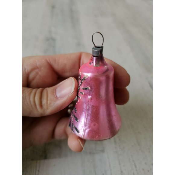 Vintage pink glitter tree bell beaded ornament Xmas tree mercury glass - Picture 4 of 8